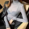 Camisa Base de Renda em Malha Europeia Gola Alta Feminina 2024 Primavera e Outono Manga Longa Camiseta Interna Fashionável Top Estiloso plus size