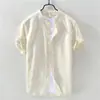 Camisa de lino para hombre, de manga corta, cuello alto, de verano, fina, holgada, de algodón y lino, blanca, estilo fresco, informal, para hombre
