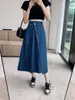 Saia Jeans Azul Escuro de Cintura Alta Feminina 2024 Nova Verão Figura em Pera Saia que Cobre o Quadril Saia Longa Evasê