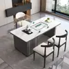 Conjunto de mesa de centro e cadeiras em pedra sinterizada de luxo leve, adequado para escritório, varanda ou uso doméstico; mesa de chá pequena moderna com chaleira de água integrada e estação de chá em pedra