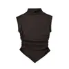 Camiseta sin mangas ajustada de estilo dulce y fresco para chica, cuello medio alto plisado, irregular en V invertida, para llevar por fuera o por dentro, top corto de verano