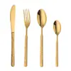 Venta al por mayor Acero Inoxidable 304 Cubiertos Estilo Occidental Modelo Nuevo Chapado en Titanio Mango Cuadrado Mango Esmerilado Cuchillo para Bistec, Tenedor, Cuchara Juego de Cuatro Piezas