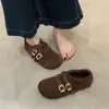 Zapatos Pequeños de Cuero Planos Retro Negros Zapatos de Mujer Otoño/Invierno 2025 Zapatos con Forro de Terciopelo Profundos Mocasines de Gamuza Zapatos Individuales