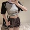 [foto real] top de chica caliente con cordón de color contrastante y cuello redondo personalizado para mujer, nuevo básico ajustado de manga corta para primavera y verano, camiseta