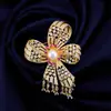 Broche Flor de Laço Cravejado com Zircônia Estilo Étnico, Alfinete de Acessório de Casaco de Luxo de Alta Qualidade, Corsage de Pérola Natural para Mulheres