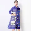 Vestido Outono 2024 Comprimento Médio Solto Estampado Emagrecedor Rejuvenescedor Tamanho Plus Size com Gola Lapela Plissado Manga Nove Pontos