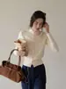 Cárdigan de punto EGKA para mujer, color albaricoque, diseño de cuello medio alto, otoño, color liso, elegante, corte ajustado, entallado en la cintura, adelgazante, manga larga