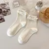 Meias femininas de algodão com orelhas de bolinha fofas fabricantes atacado Novas meias Lolita de renda cor sólida meias de cano com laço