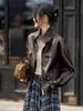 Chaqueta de cuero genuino Haining para mujer, estilo corto, look retro de motociclista, con cuello alto, hecha de piel de cordero, corte holgado, efecto adelgazante, con cordón, adecuada para figuras menudas