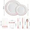 150 PEÇAS prato de jantar redondo de plástico duro PS imitação de porcelana comida ocidental ouro rosa fundo branco prato oco conjunto de prato com faca garfo colher dourada