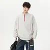 Camiseta Hassu Line Color-Block com Meio Zíper e Gola Alta de Manga Longa para Homens e Mulheres, Moletom Casual Solto para Primavera e Outono, Top de Marca Tendência