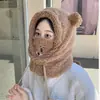 Conjunto de tres piezas para mujer de otoño e invierno: bufanda, gorro y guantes de felpa gruesa y cálida, gorro integrado para proteger las orejas y a prueba de frío