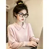 Tejido de hilo de núcleo estilo perezoso cuello polo suéter de punto manga larga para ir al trabajo suave y pegajoso que reduce la edad top de estilo minimalista
