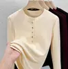Camiseta feminina de veludo canelado 270g, manga longa, versátil, modelo novo primavera/outono 2025, de abotoar, modeladora, design extremamente estiloso