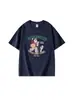 Camiseta de Manga Corta de Algodón Puro con Cuello Redondo Azul Oscuro para Mujer, Nuevo Estilo de Verano, Estampado de Dibujos Animados Retro Americano, Top Holgado Casual