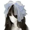 Tiara de Cabelo Irregular Azul e Branca Estilo Moka com Laço e Renda Lolita Multicamadas