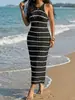 Ropa Europea y Americana Transfronteriza para Mujer, Vestido Camiseta sin Mangas Sexy y Atrevido, Vestido Rayado Hueco, Cubre Traje de Playa, Falda Bodycon para Mujer
