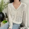 Jaqueta Cardigan de Tricô Fina de Verão com Decote V e Recortes para Mulheres 2025 Nova Curta com Proteção Solar para Ar Condicionado Top Moda