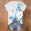Estampa de Padrão de Pintura Retro Borboleta Flor e Bambu Manga Curta Gola V Feminina Impressão Digital 3D Personalizada Manga Curta Feminina