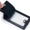 Etiqueta de registro de información, etiqueta vertical para tarjeta de embarque de cuero genuino negro, material de piel de vaca, etiqueta de equipaje abatible con protección de privacidad al por mayor