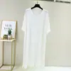 Vestido de algodão novo de verão 2021 com fenda na barra, casual, respirável, cor sólida, gola redonda, vestido de manga