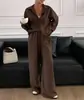 Conjunto Informal Perezoso de Dos Piezas para Primavera y Otoño Transfronterizo Europeo y Americano Nuevo Camisa de Manga Larga y Pantalones Largos de Algodón y Lino Sueltos