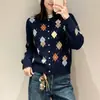Estilo Academia100% Lana~Cardigan de Punto Jacquard Argyle Retro Colorido Cuello Redondo Manga Larga para Mujer Otoño Invierno