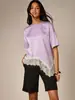 Bestseller transfronterizo europeo y americano, elegante camiseta de retazos de satén y encaje para mujer, corte holgado con mangas caídas y dobladillo irregular de encaje