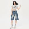 Shorts de mezclilla sueltos de cintura alta para hombres y mujeres 2025 Verano Nuevo Americano Retro Casual Relajado Pierna Ancha Largo Medio