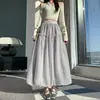 Saia Floral Estilo Academia Doce para Mulheres 2026 Nova Saia Evasê de Cintura Alta com Tule Brilhante, Meia Saia Bufante de Comprimento Médio
