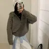 Cardigã de tricô com zíper, capuz e listras color block estilo coreano, um novo item de moda outono/inverno, versátil e estiloso, com uma vibe relaxada e casual, para mulheres