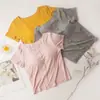 Top Feminino Justo de Manga Curta em Modal com Bojo e Camiseta Básica com Rosca por Dentro e por Fora, Estilo Curto