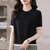 Camiseta de Punto de Seda de Morera de Encaje de Manga Corta a la Moda Camiseta Top Fino para Mujer 2025 Verano Nuevo Cuello Redondo Camiseta de Seda Helada