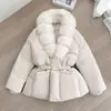 Nuevo abrigo de invierno de lujo con cuello de piel de zorro natural y relleno de algodón para mujer, de longitud media, entallado en la cintura, engrosado y cálido