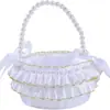 Cesta de Flores de Encaje Blanco para Boda Cesta de Boda Estilo Occidental Cesta de Mesa para Guardar Frutas Cesta para Niña de las Flores para Esparcir Flores Cesta de Mano con Perlas