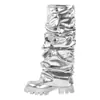 Comercio Exterior Transfronterizo Cuatro Estaciones Universal Estilo Europeo y Americano Moderno Color Metálico Suela Gruesa Tacón Grueso Botas Altas Botas Arrugadas de Amazon para Mujer
