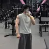 Colete Esportivo Americano com Rebite e Meio Zíper Masculino Design de Verão Sem Mangas Camiseta Regata Fitness Moletom