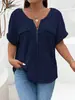 2025 Amazon Primavera/Verano Nuevo Top de Color Sólido Talla Grande para Mujer Cremallera Manga Corta Bolsillo Falso Jersey Camiseta Ajuste Holgado