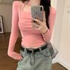 Tiro Real # Camiseta Cuadrada de Manga Larga para Mujer, Nuevo Estilo Primavera 2025, Top Base Único y Exquisito con Cuello Halter y Atado.