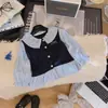 Blusa Infantil Feminina Nova da Moda para Primavera e Outono com Mangas Bufantes, Camisa Estilo College, Top Falso Duas Peças
