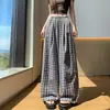 Pantalones de cuadros de pierna ancha con ribete de encaje estilo coreano para mujer, nuevos de primavera-verano, de cintura alta, versátiles, holgados, casuales, de pierna recta