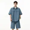 Gasa Estilo Japonés Ropa de Trabajo Manga Corta Camisa Hombres Verano Casual Conjunto de Shorts Deportivos Holgado Secado Rápido Conjunto Polo