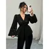 Moda europea y americana para mujer transfronteriza súper ventas primavera y otoño nueva elegante sexy semitransparente manga larga cuello en V camisa para mujer