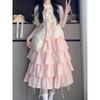 Lindo Conjunto Completo Dopamina para Niña Dulce para Mujer Verano Estilo Universitario Camisa Anudada Falda de Tartán Rosa Pastel Conjunto de Dos Piezas