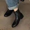 Piel de becerro de primera capa suave Tacón bajo Negro Dr. Botas Martens para Mujer Estilo Nuevo Cómodas Versátiles Punta Redonda Tacón Cuadrado Cremallera Lateral Botines