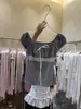 Camiseta de Manga Corta Cuadrada con Lunares y Lazo para Mujer en Verano con Incrustaciones de Encaje y Top Ajustado con Mangas Abullonadas