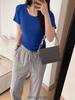 Olá Vava Linha em U Verão Versátil Casual Cor Pura Manga Curta Elástica Justa Gola Redonda Camiseta Feminina Multicolorida