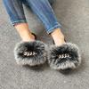 Pantuflas de Piel de Zorro para Mujer 2021 para Uso en Exteriores, Cadena de Pedrería, Sandalias Casuales Versátiles de Tacón Bajo con Piel
