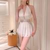 Lingerie Sexy com Renda, Decote V Profundo, Gola Halter, Camisola de Malha Transparente para Brincadeiras Apaixonadas na Cama, Não Precisa Tirar, Roupão Feminino