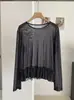 KEKEZOON Top de otoño estilo coreano de lunares, semitransparente, malla fina, cuello redondo, manga larga, con volantes y plisados 8894